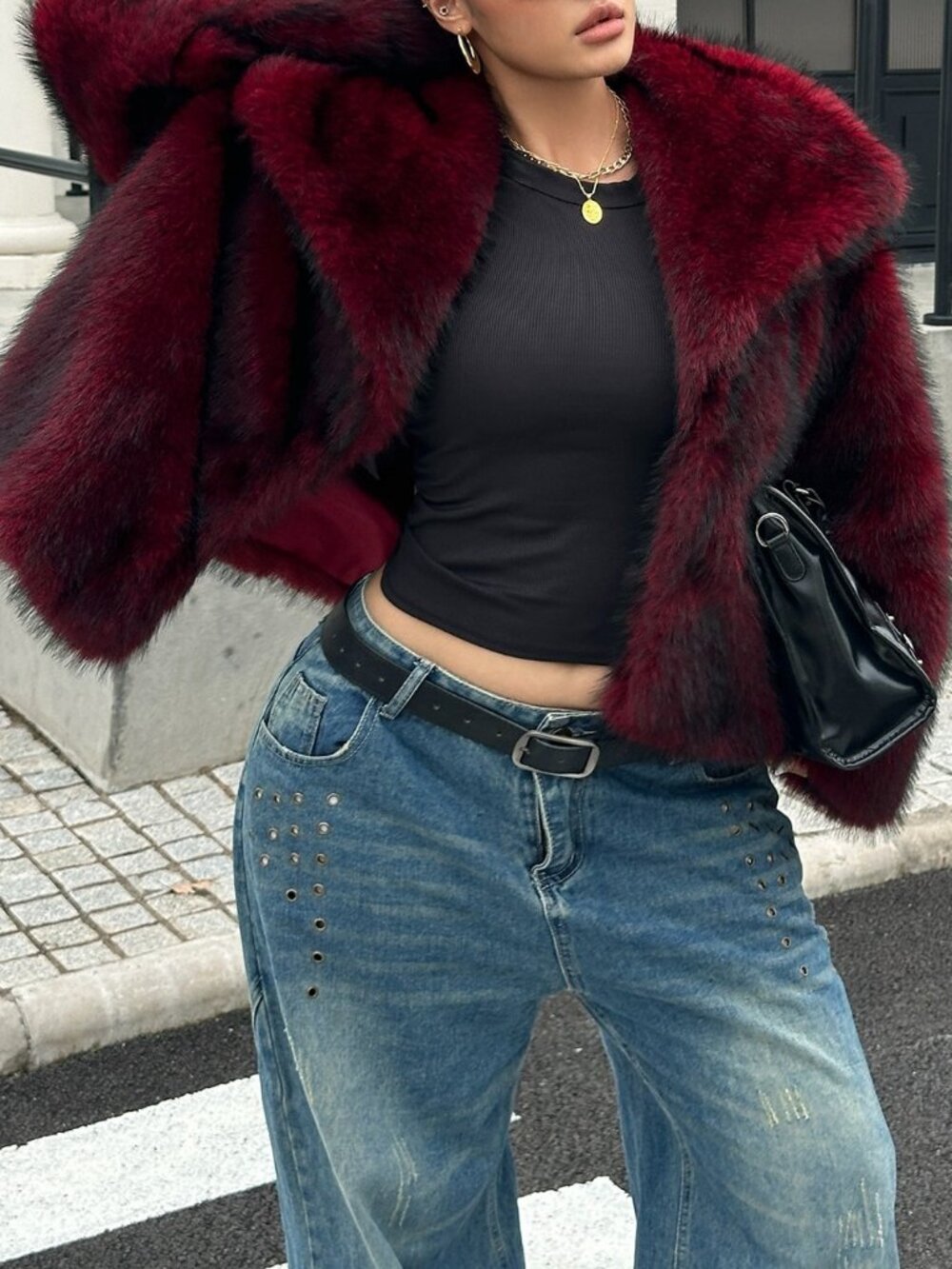 Burgundy Casual Women's Faux Fur Loose Fit Short Coat - Picture 4 of 7